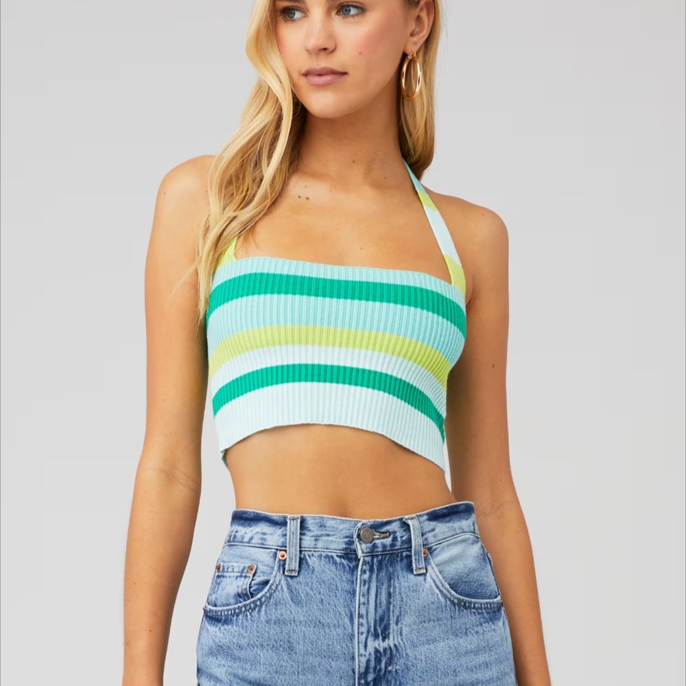 Striped Halter Crop Top - Green and Blue